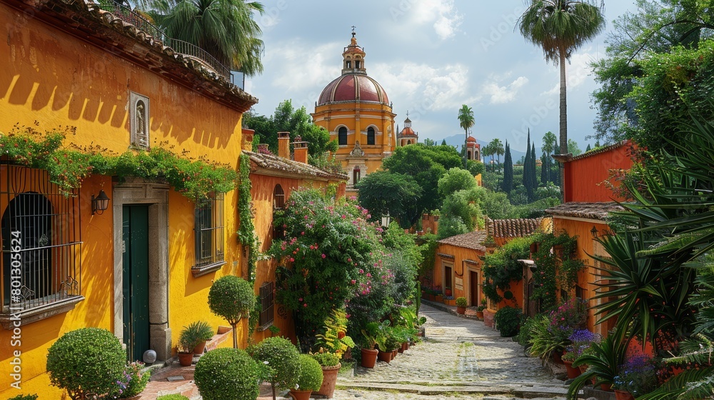 Fototapeta premium Picturesque cobblestone street lined with vibrant yellow buildings, overflowing with greenery and flowers, leading to the iconic dome of Archangel Church.