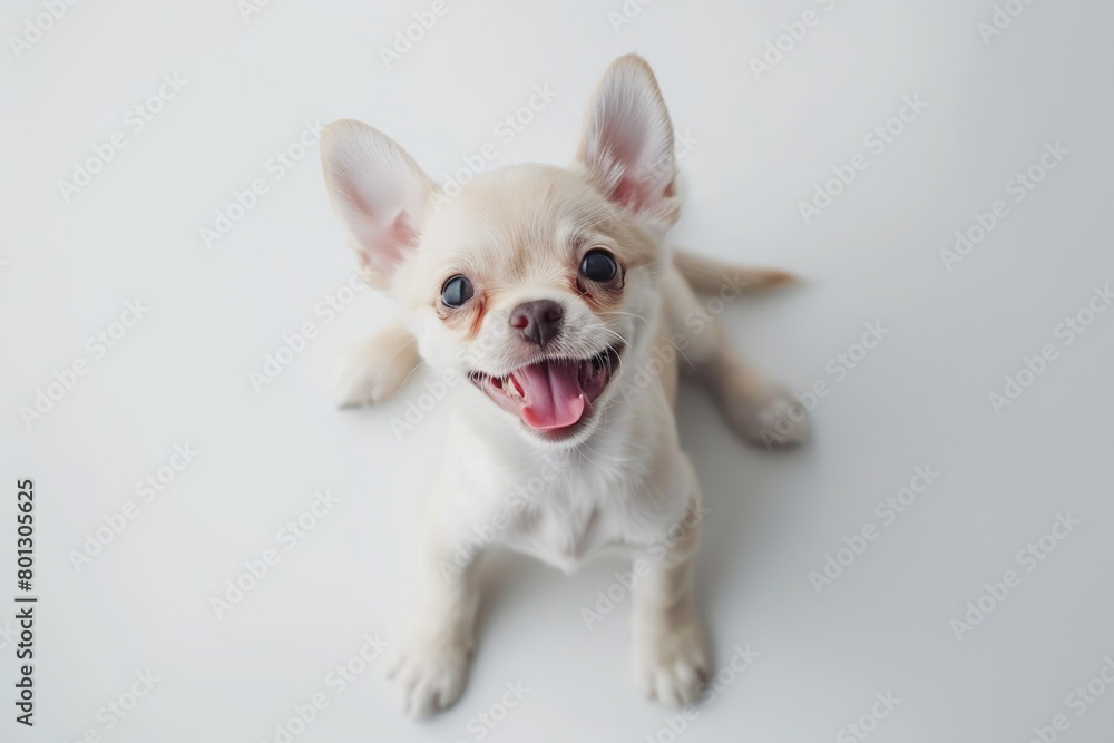 Cute and playful small dog Chihuahua sitting looking up with funny face on white studio background. Portrait of happy puppy having fun with its tongue out. Beautiful cute pup playing close up. Banner