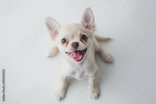 Cute and playful small dog Chihuahua sitting looking up with funny face on white studio background. Portrait of happy puppy having fun with its tongue out. Beautiful cute pup playing close up. Banner © Marina Demidiuk