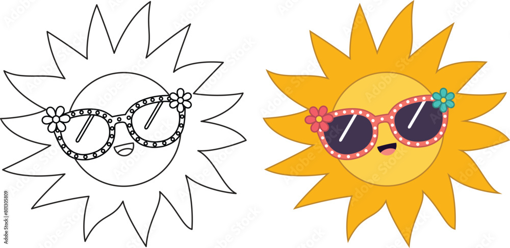 Cute kawaii funny sun wearing sunglasses with happy face cartoon character coloring page vector illustration