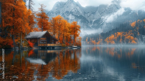 Captivating autumn view of Hintersee Lake, featuring a wooden house surrounded by vibrant orange trees and a mist-covered mountain backdrop. © AS Photo Family
