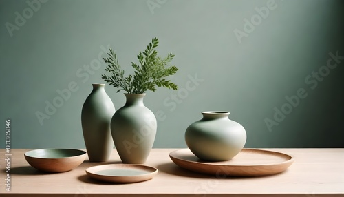 Clean Aesthetic Scandinavian style table with decorations. Zen. Spiritual . Teal, green, turquoise 