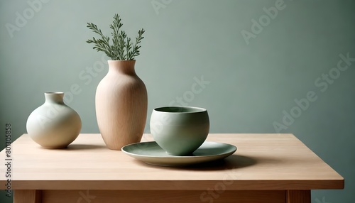 Clean Aesthetic Scandinavian style table with decorations. Zen. Spiritual . Teal, green, turquoise 