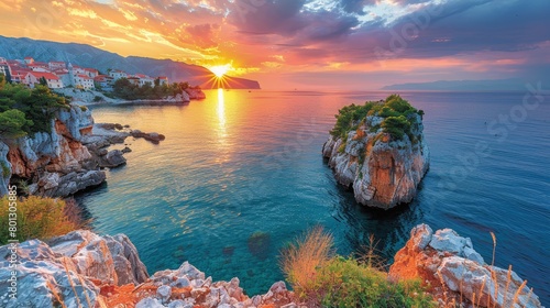 Sunset view over Vrbnik town with the sun dipping below the horizon above the tranquil Adriatic Sea.