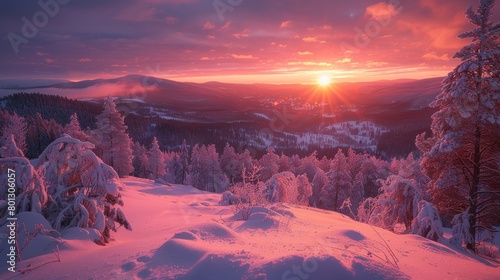 Capture the serene beauty of a vibrant winter sunrise illuminating the snow-covered forests and hills. Perfect for seasonal themes and nature backdrops.