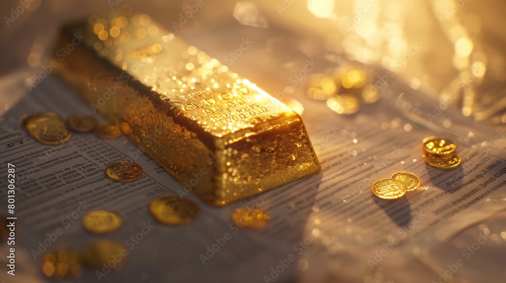 Close-up of a gold ingot resting on a financial report, representing the stability and security of gold investments. Close-up of a gold ingot resting on a financial report, representing the stability and security of gold investments.