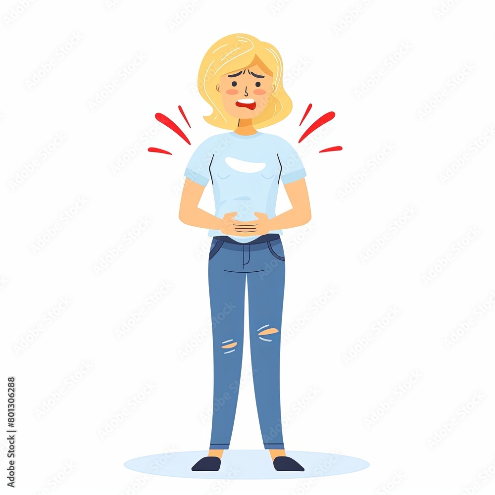 Cartoon style, flat design, simple illustration of a woman holding his stomach with red lines indicating pain on a white background. The character with blond head and a blue t-shirt over jeans. Cartoon style, flat design, simple illustration of a woman holding his stomach with red lines indicating pain on a white background. The character with blond head and a blue t-shirt over jeans.