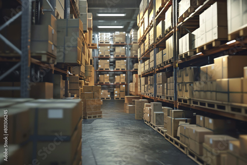 Warehouse interior with stacked boxes and shelves during daylight hours in a busy logistical hub