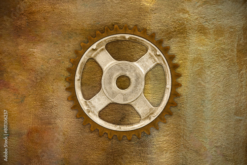 Old weathered gear wheel on a brass background