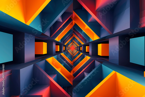 This 2D illustration portrays an infinite geometric corridor bathed in bold orange and blue hues, creating a sense of endless depth photo