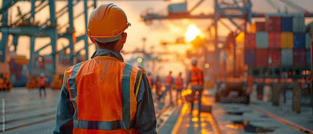 Wearing safety vests and hard hats, Indian labourers are handling shipments at the container terminal.