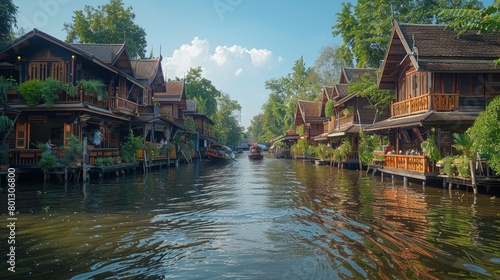 Experience the vibrant atmosphere of Damnoen Saduak Floating Market. Tourists explore in boats alongside traditional wooden houses under a clear blue sky, capturing the essence of Thai culture. photo