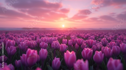 Experience the breathtaking beauty of endless tulip fields bathed in the warm glow of a sunset. This image captures a tranquil and majestic spring evening. #801306814