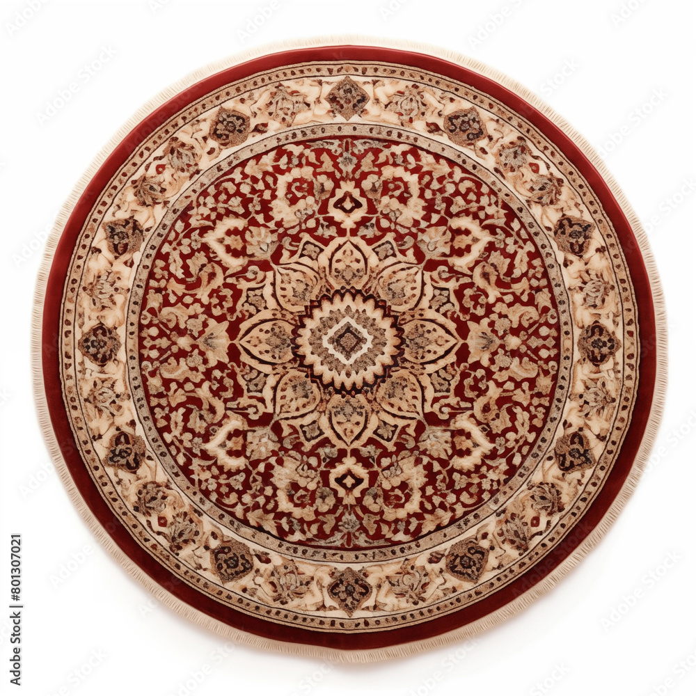 Round red oriental carpet with a traditional floral pattern