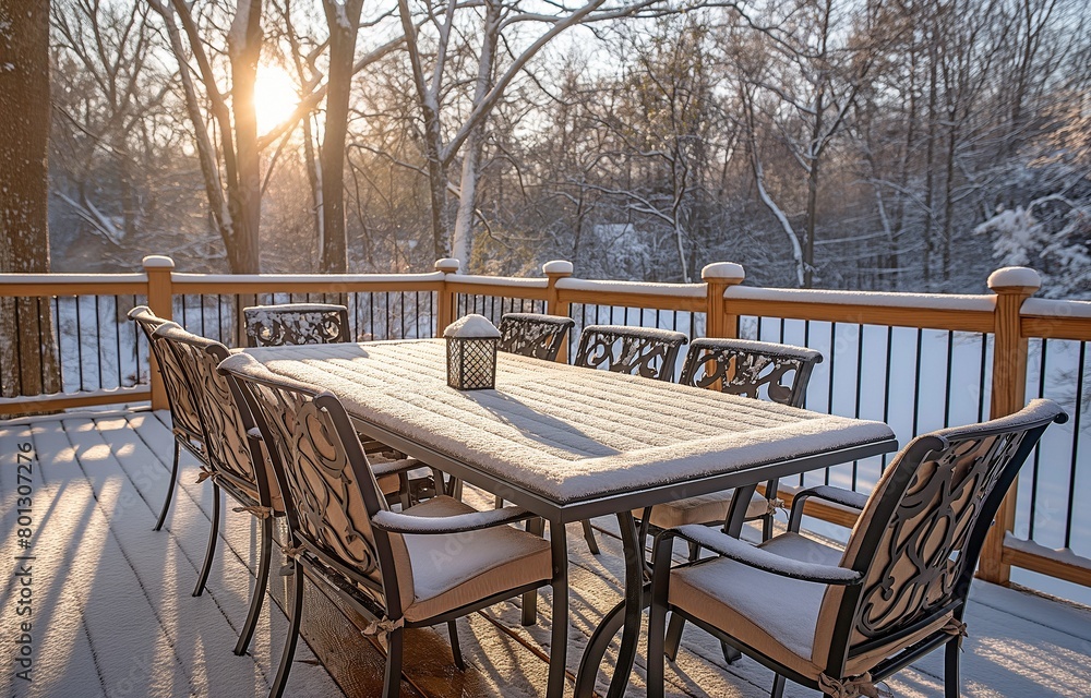 A wooden deck with a railing fence and a metal outdoor table and chairs covered in white snow at a residential property