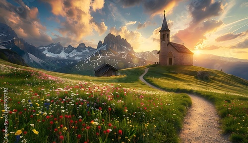  A beautiful sunrise over the Alps with wildflowers and an old church on top of a grassy hill, a winding path leading to it photo