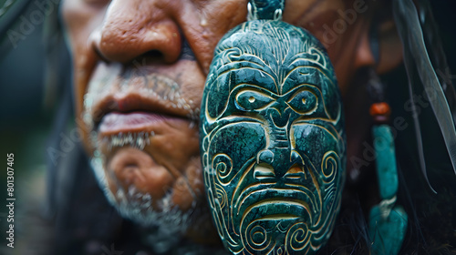 A close-up of a Maori warrior's greenstone pendant, symbolizing his heritage. Epic shot.