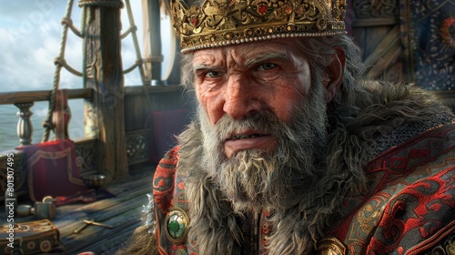 An old king with white beard and golden crown standing on the deck of the ship