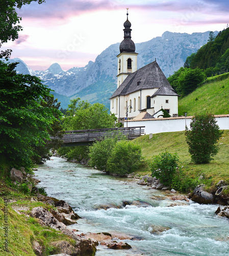 Mountain landscape in the Bavarian Alps and famous Parish Church of St. Sebastian in the village of Ramsau im Nationalpark Berchtesgadener Land, upper Bavaria, Germany.