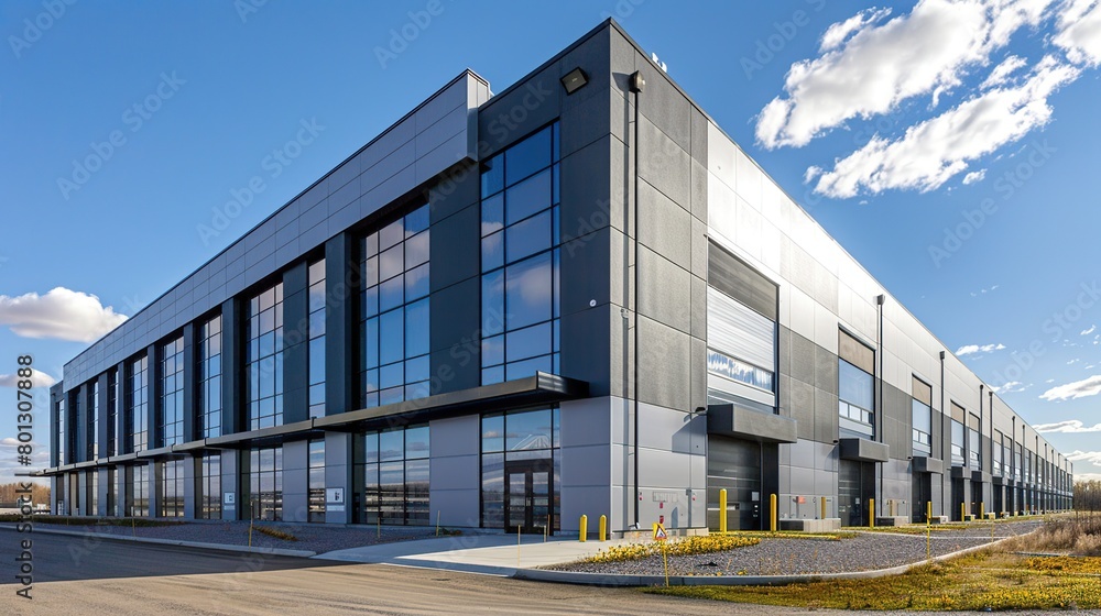 Fototapeta premium a wide-angle shot of an industrial building from outside the building with a view of a large courtyard and garden.