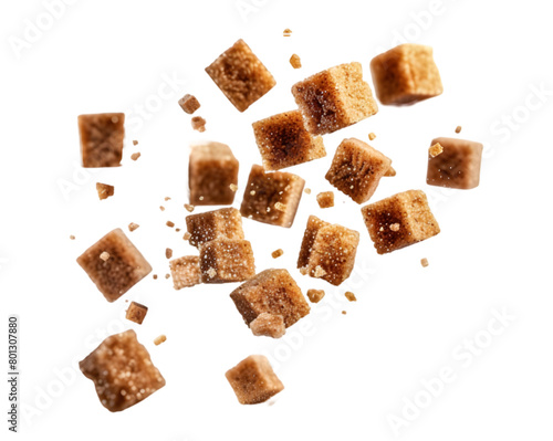 Falling brown sugar cubes on transparent background