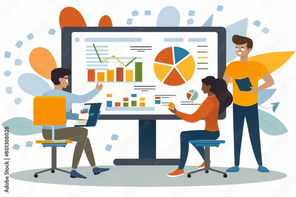 A group of people are looking at a large screen with graphs and charts on it. A group of people are looking at a large screen with graphs and charts on it.