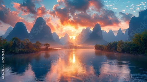 Stunning landscape of Guilin featuring the Li River and Karst mountains under a vibrant sunset sky with reflections on the water.