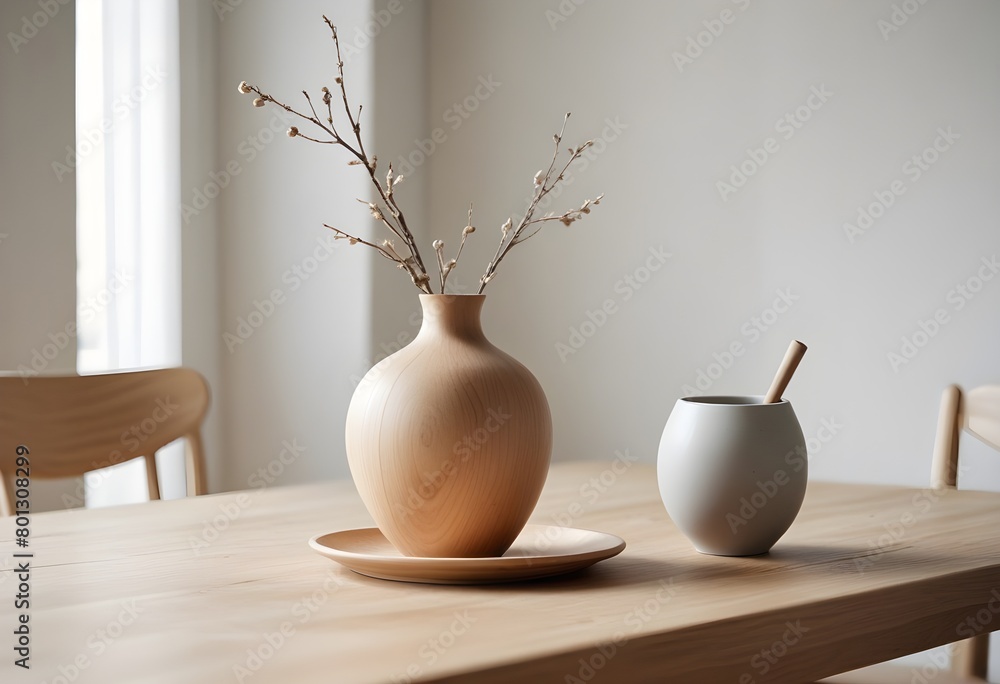 Clean Aesthetic Scandinavian style table with decorations. Zen. Spiritual. Brown, beige, wooden.