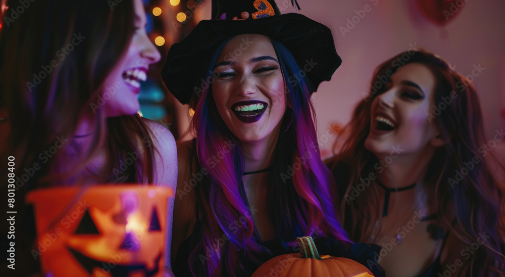 A group of friends dressed in Halloween costumes, laughing and holding an orange pumpkin bucket filled with candy while celebrating at home on Halloween night
