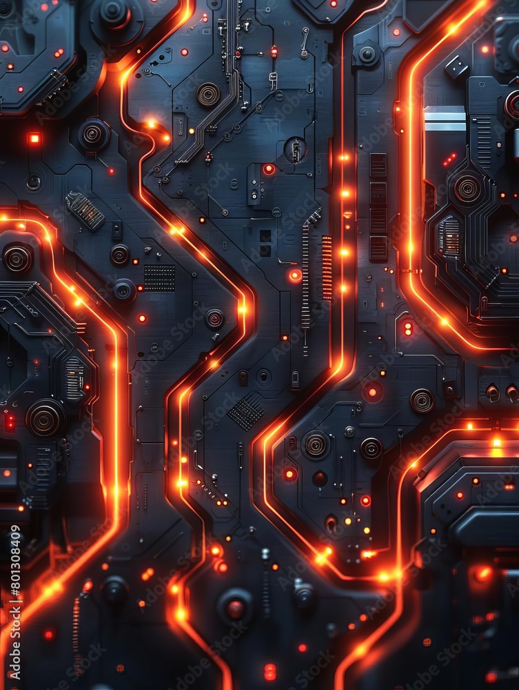 An intricate circuit board with glowing orange lines