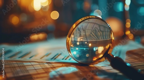 Close-up of a magnifying glass focusing on intricate details of a financial chart, illustrating the importance of thorough examination. photo