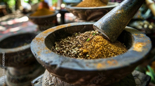 Close-up of a mortar and pestle filled with freshly ground Thai spices, highlighting the traditional method of food preparation.
