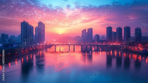 Breathtaking urban sunset, showcasing skyscrapers and a modern bridge reflecting over a serene river, under a vibrant sky at dusk. © AS Photo Family