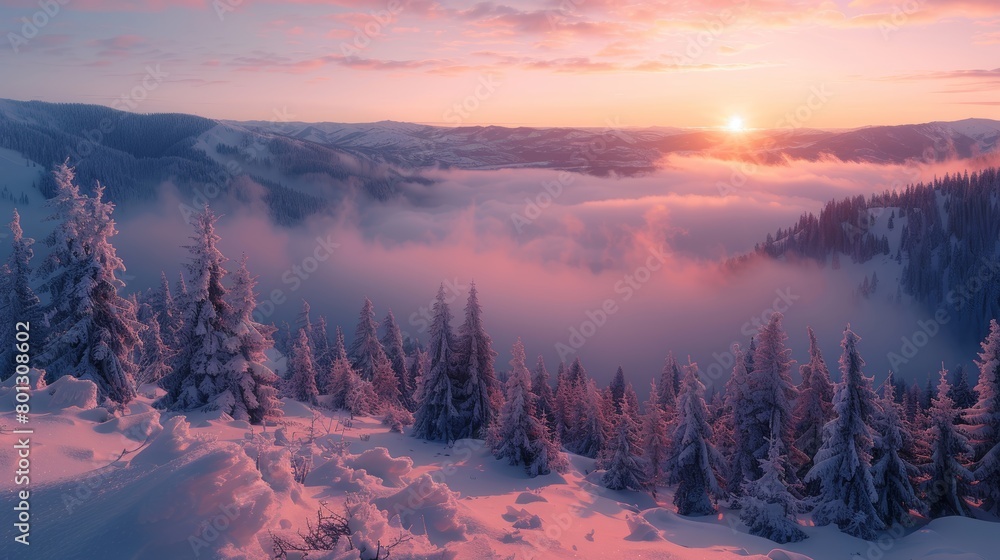 Stunning winter morning panorama showcasing a dense, mystical fog enveloping a frost-covered forest under a glowing sunrise.