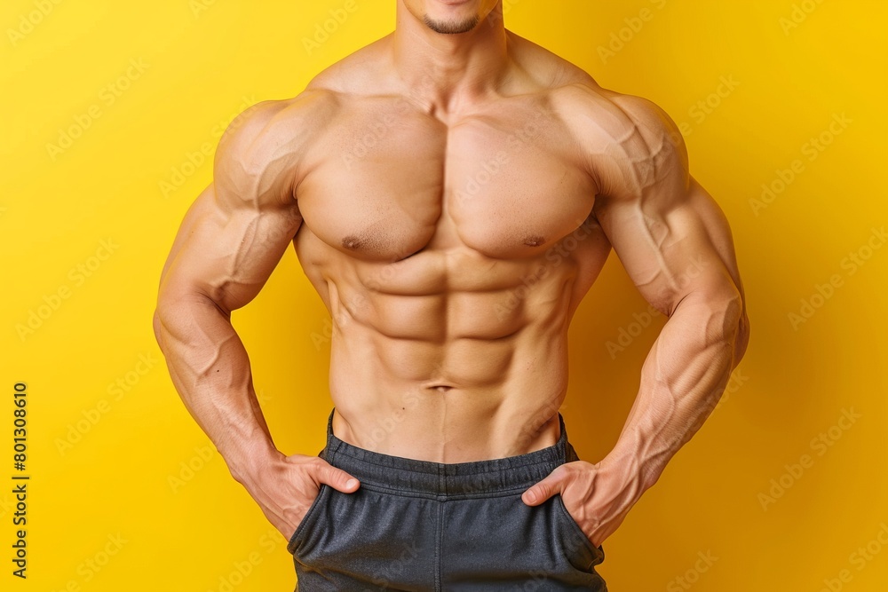Fototapeta premium Muscular physique with defined abdominal muscles on soft toned background with space for text