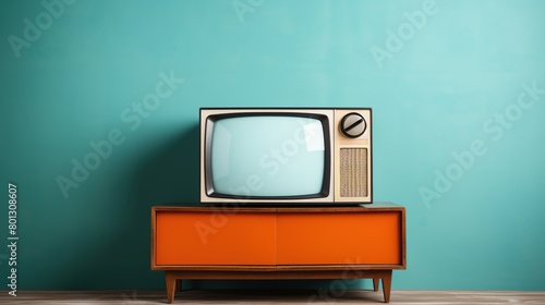 Retro old television on a table in the living room with solid color walls. photo