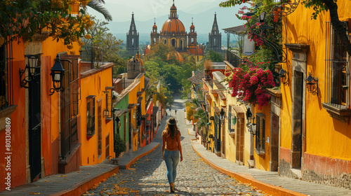 Young woman walks down a vibrant street in San Miguel de Allende, enjoying the historic architecture and bright colors of Mexico.