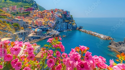 Vibrant view of Cinque Terre's coastal village multicolored buildings over a serene blue sea, framed by bright pink blooming flowers. © AS Photo Family