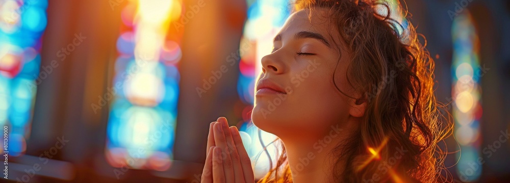 A young woman in a church, praising God. Religious belief and belief in God A young woman in a church, praising God. Religious belief and belief in God