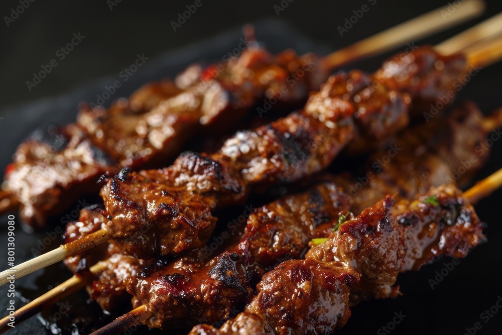 Beef satay on black background