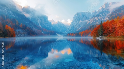 Stunning scene of Vorderer Gosausee lake during autumn with fiery fall foliage and serene  foggy mountain reflections on a calm water surface.