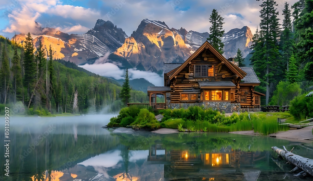 A beautiful log cabin nestled in the heart of nature, surrounded by lush greenery and towering mountains with mist rising from serene lakes