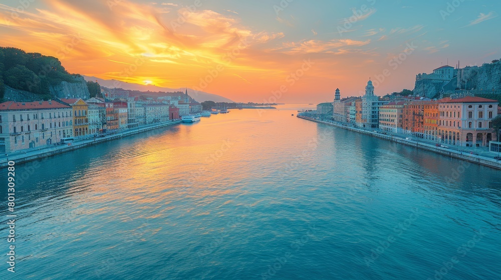 Naklejka premium Aerial photograph showcases a vibrant sunset over the picturesque quay of Trieste, Italy, with beautifully lit historic buildings.