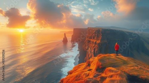 Majestic Reynisdrangar cliffs in Iceland at sunset. A person in a red jacket stands observing the serene seascape. photo