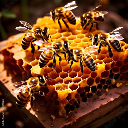 organized chaos of a beehive with bees buzzing around hexagonal honeycombs and working