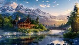 A beautiful mountain landscape with snowcapped peaks, a wooden house by the lake surrounded by pine trees and ducks swimming in it, a bridge over water, sunlight shining on everything