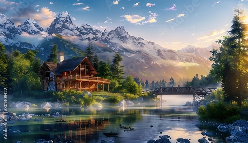 A beautiful mountain landscape with snowcapped peaks, a wooden house by the lake surrounded by pine trees and ducks swimming in it, a bridge over water, sunlight shining on everything photo