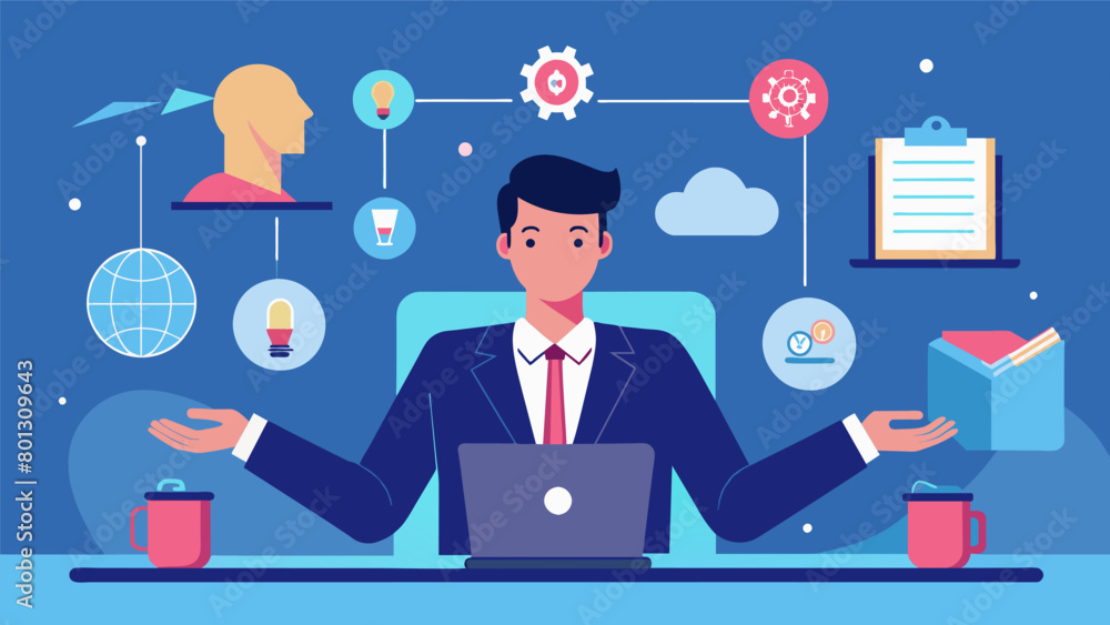 A businessman in a sleek office multitasking effortlessly with the help of his quantum computing brain extensions to manage multiple projects and. A businessman in a sleek office multitasking effortlessly with the help of his quantum computing brain extensions to manage multiple projects and.