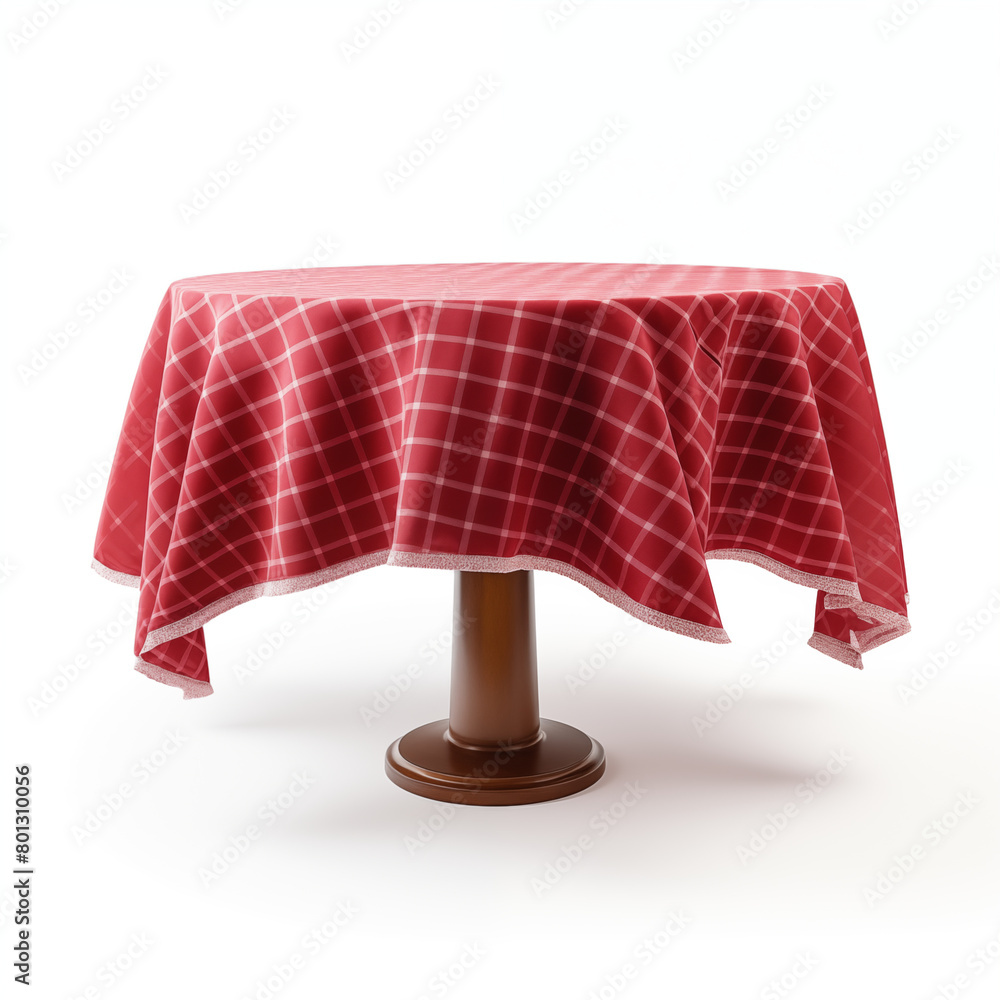 Round wooden table with red checkered tablecloth isolated on white background