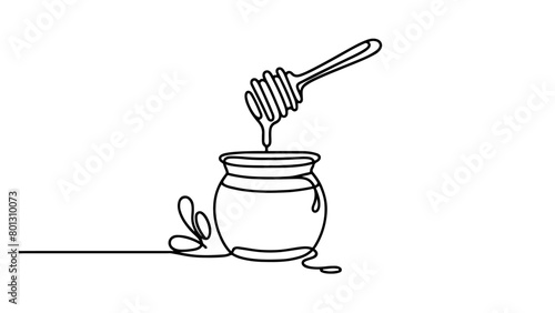A continuous line drawing of a honey jar with a dipper
